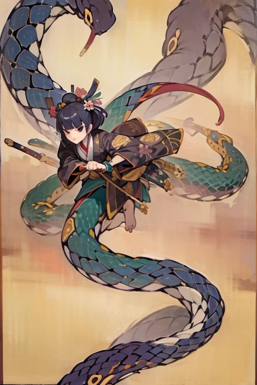 ((masterpiece)), ((High resolution)), ((Very delicate)), Japanese painting, Dynamic pose、Woman entangled by a giant snake
