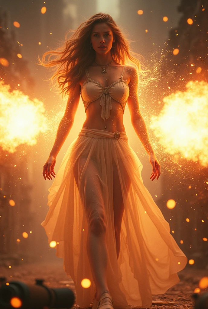 Photo of a woman shrouded in fire and smoke, standing fearlessly in a burning building, (brown hair:1.32), (ethereal quality:1.33), wearing a skirt, (hair flying behind her:1.25), cleavage, stockings, full face