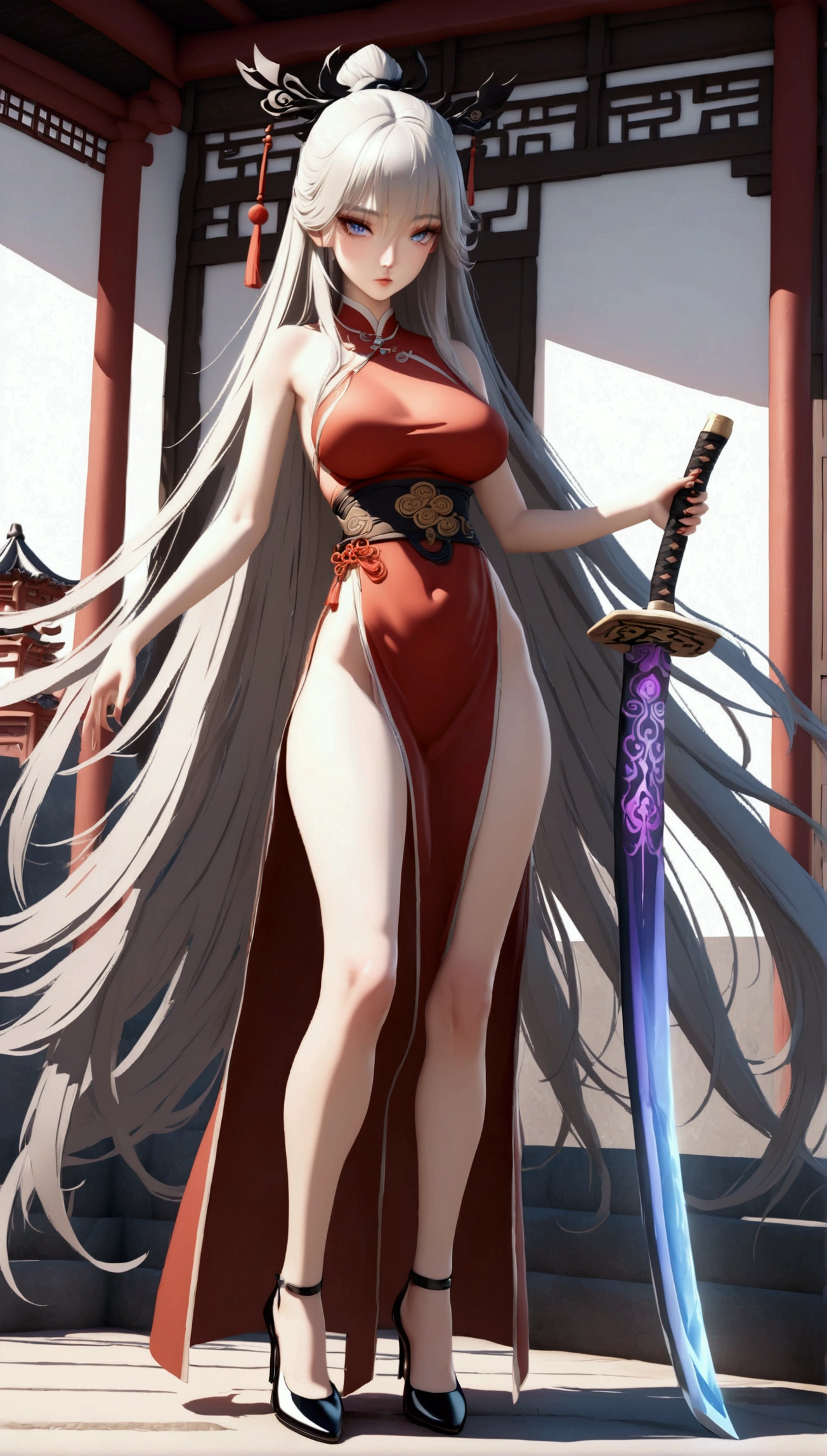 Master anime works,An impeccable masterpiece,8K picture quality: A mature noblewoman in cool sexy clothes standing on pure white background,Female boss,Flowing silver hair,Full-body standing,Slender legs,Straight breasts,Detailed facial details,Naturally beautiful standing,Vivid and authentic body details