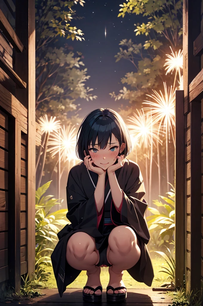 1girl, short-cut hair, (blush:0.5), slender, (pissing:1.5), (steamy PUSSY:1.4), KIMONO, night, (IN THE dark forest:1.1), (fireworks in distance:0.9), (PUSSY:1.5), (nsfw:0.2),  (eductive smile:0.5), SQUATTING, whole body, closed mouth, looking viewer, (focus lower-body:0.7)