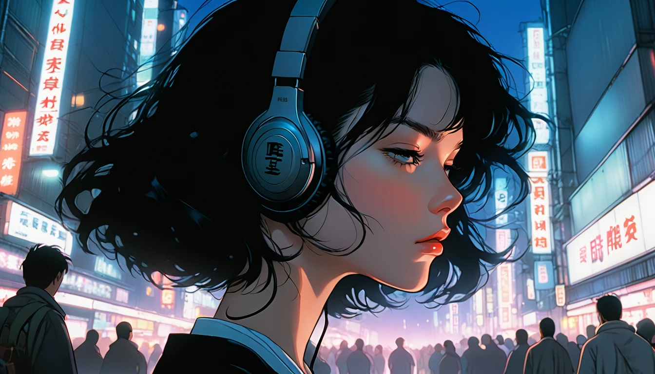 Detailed and detailed depiction, cel style, vivid details, retro anime, 90s anime, VHS picture quality, moody lighting, girl in the twilight of the night city of Tokyo, the girl wears headphones, eyes closed, beautiful black hair with short hair