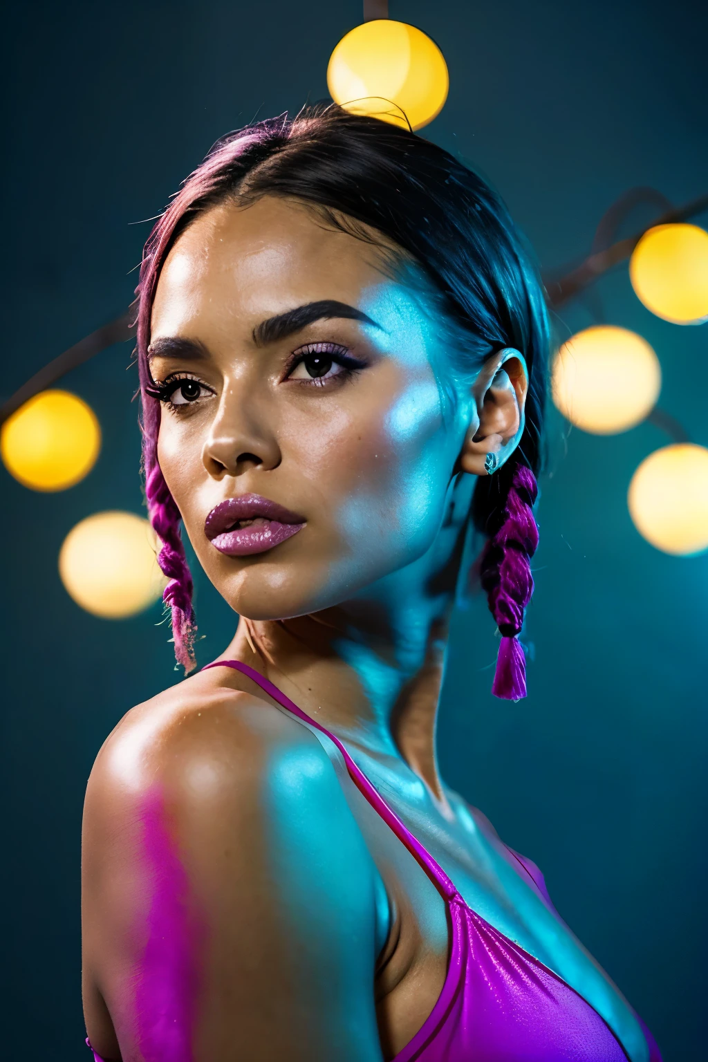 A beautiful young black woman posing sensually in a studio, dreadlocks hair, her skin illuminated by soft, (((colorful lights, ciana And magenta lighting))) that reflect across her body. The background features a smooth gradient of vibrant colors, adding depth to the scene. The lighting creates a dramatic, professional studio effect, highlighting her realistic skin textures and contours. The image is hyper-realistic, capturing every detail, from the strands of her hair to the subtle reflections on her skin. The setting is luxurious and sophisticated, with a balanced composition that emphasizes both her beauty and the artistic lighting. natural light, 35mm photograph, film, professional, 4k, highly detailed, Golden hour lighting. Depth of field F2. Rule of Thirds Composition. (((colorful lights))). 
