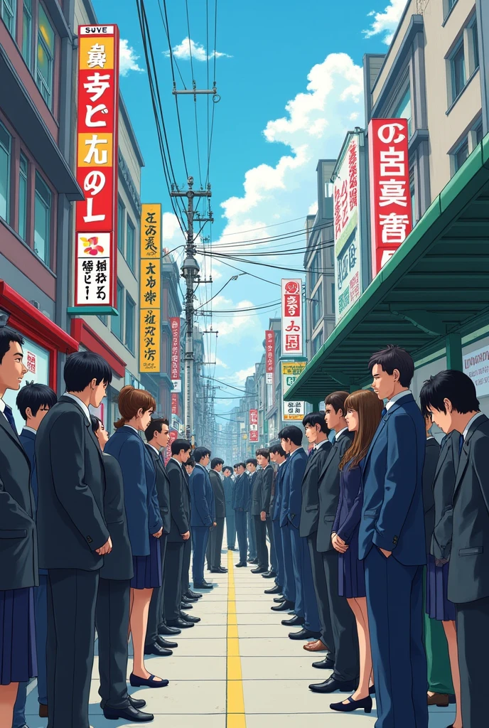 Anime scene, Group of asian people walking infront of parliament, wearing orange necktie, formal suit
