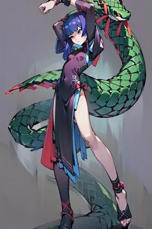 (masterpiece), (High resolution), (Full body portrait), （cyber punk）、 Dynamic pose、Woman entangled by a giant snake
