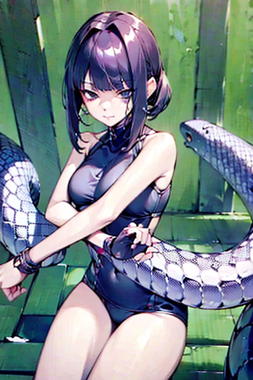 A cyberpunk girl with a dynamic pose, a large snake coiled around her, intricate details, photorealistic, 8k, best quality, masterpiece