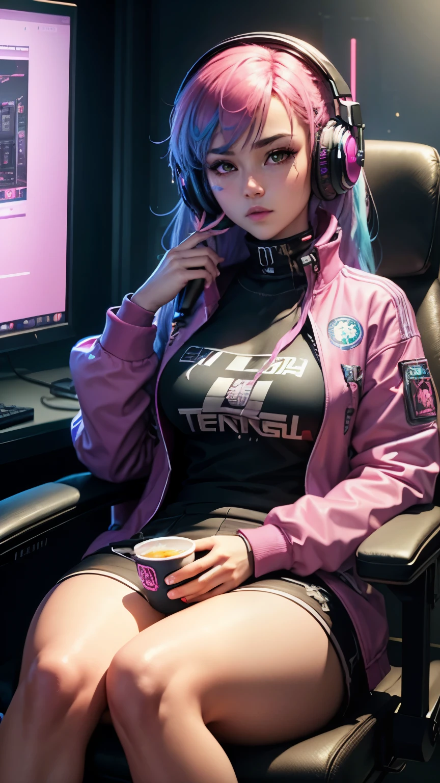 A closeup of a woman with purple and black hair wearing glasses, art in the style of Guweiz, model IG | Artgerm, Artgerm extremely detailed, Ilya Kuvshinov and Artgerm, Ilya Kuvshinov with long hair, Ilya Kuvshinov. 4 k, realistic art style, artgerm. anime illustration, gamer, cat ears, with headset, full body, gamer chair, notebook --auto --s2