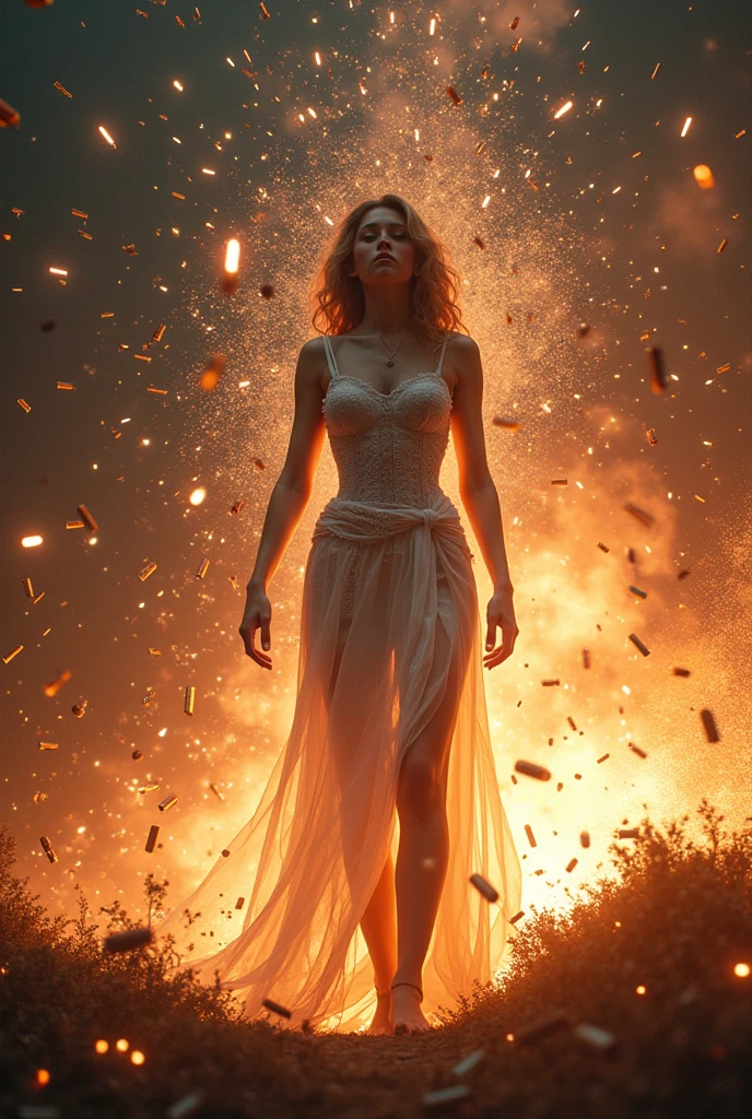 Photo of a woman shrouded in fire and smoke, standing fearlessly in a burning building, (brown hair:1.32), (ethereal quality:1.33), wearing a skirt, (hair flying behind her:1.25), cleavage, stockings, full face