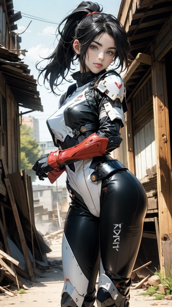 Highest quality、8k、masterpiece、Ultra-high resolution、Photorealistic、Realistic、Telephoto compression effect、1Girl、Dark Eyes、High school girls、no makeup、Delicate eyes、Kind eyes、Double eyelids、smile、side up、Black Hair、Small breasts、Black protective suit,SteeleBODY Armor,Heavy Armor,long ponytail,battlefield、ruins、Large Armed、