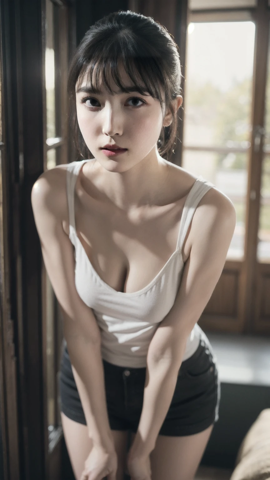 ((best quality)), ((masterpiece)), (detailed), perfect face. Black hair. Ponytail. Anime girl. Asian girl. Black eyes. Ulzzang. Tanktop.