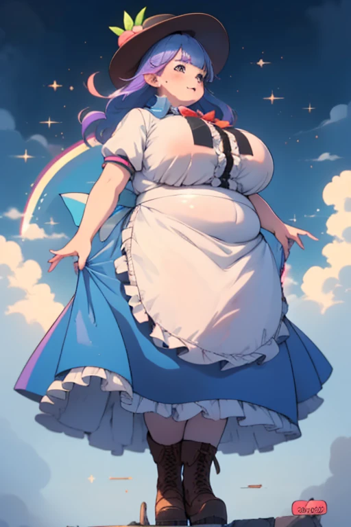 ((best quality, 4k, 8k, anime girl)), (((ssbbw))), (((ussbbw))), ((chubby)), (((immobile fat))), (side view), (((very tight clothes))), (((extremely detailed face))), beautiful eyes, long colorful hair, cinematic lighting, (((hyper breasts))), (((gigantic breasts))), detailed background, cyberpunk, (skirt, shirt, hat, bow, white shirt, short sleeves, boots, frills, food, puffy sleeves, bowtie, apron, puffy short sleeves, blue skirt, black headwear, fruit, leaf, brown footwear, frilled skirt, cross-laced footwear, peach, (rainbow order:1.5)),