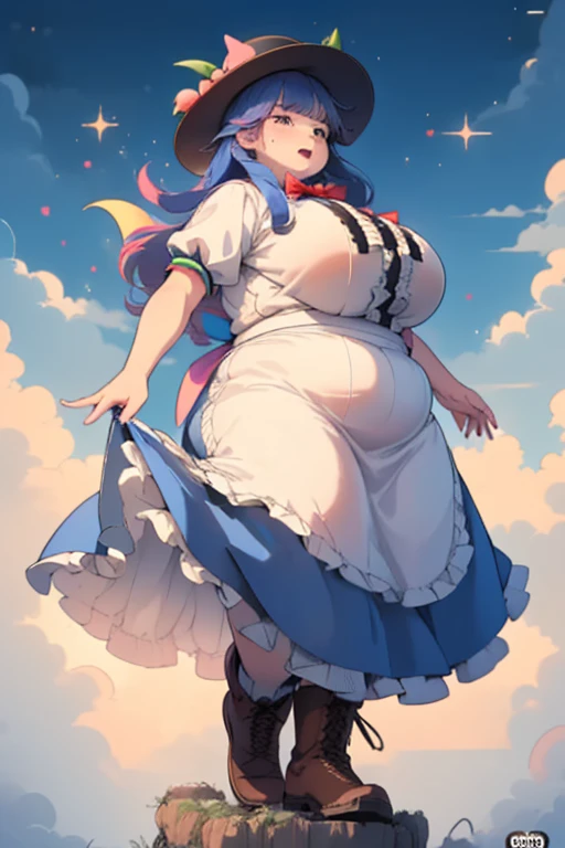 ((best quality, 4k, 8k, anime girl)), (((ssbbw))), (((ussbbw))), ((chubby)), (((immobile fat))), (side view), (((very tight clothes))), (((extremely detailed face))), beautiful eyes, long colorful hair, cinematic lighting, (((hyper breasts))), (((gigantic breasts))), detailed background, cyberpunk, (skirt, shirt, hat, bow, white shirt, short sleeves, boots, frills, food, puffy sleeves, bowtie, apron, puffy short sleeves, blue skirt, black headwear, fruit, leaf, brown footwear, frilled skirt, cross-laced footwear, peach, (rainbow order:1.5)),