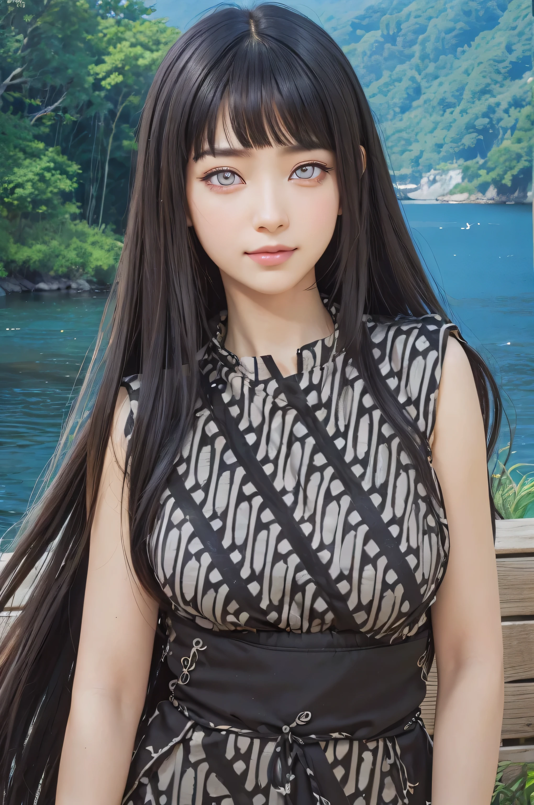 masterpiece, best quality, (realistic,photo-realistic:1.4), (RAW photo:1.2), extremely detailed CG unity 8k wallpaper, delicate and beautiful, amazing,finely detail, official art, absurdres, incredibly absurdres, huge filesize, ultra-detailed,extremely detailed eyes and face,light on face,hinata,(little smile),(black hair:1.4),(long hair:1.3),(wearing batik dress:1.4),(nature backgrouund:1.4),(byakugan eyes:1.5)