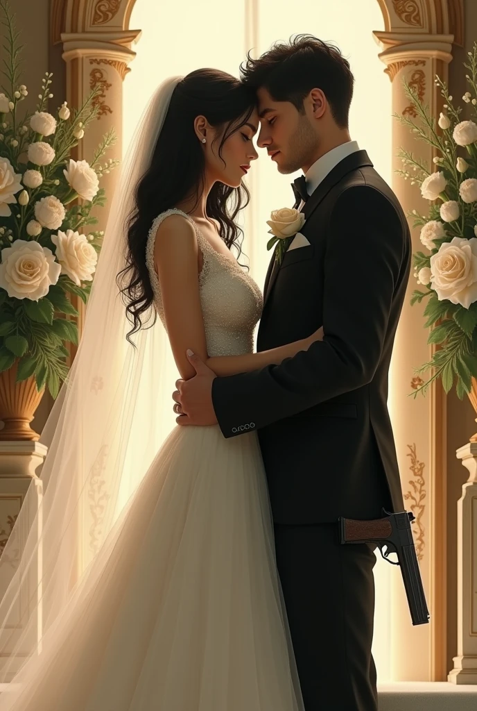 (Groom man who has dark blonde hair, tall, strong, very handsome, wearing suit and tie) (woman with long curly black hair, wearing a wedding dress) kissing, the illustration is detailed, soft and bright, wedding party setting, art by Greg Hildebrandt, Liu Citemer, Sejic Stjepan, Samyang, Aykut Aydogdu, Justin Gerard, Alphonse Mucha, Artgerm, WLOP and Greg Rutkowski
