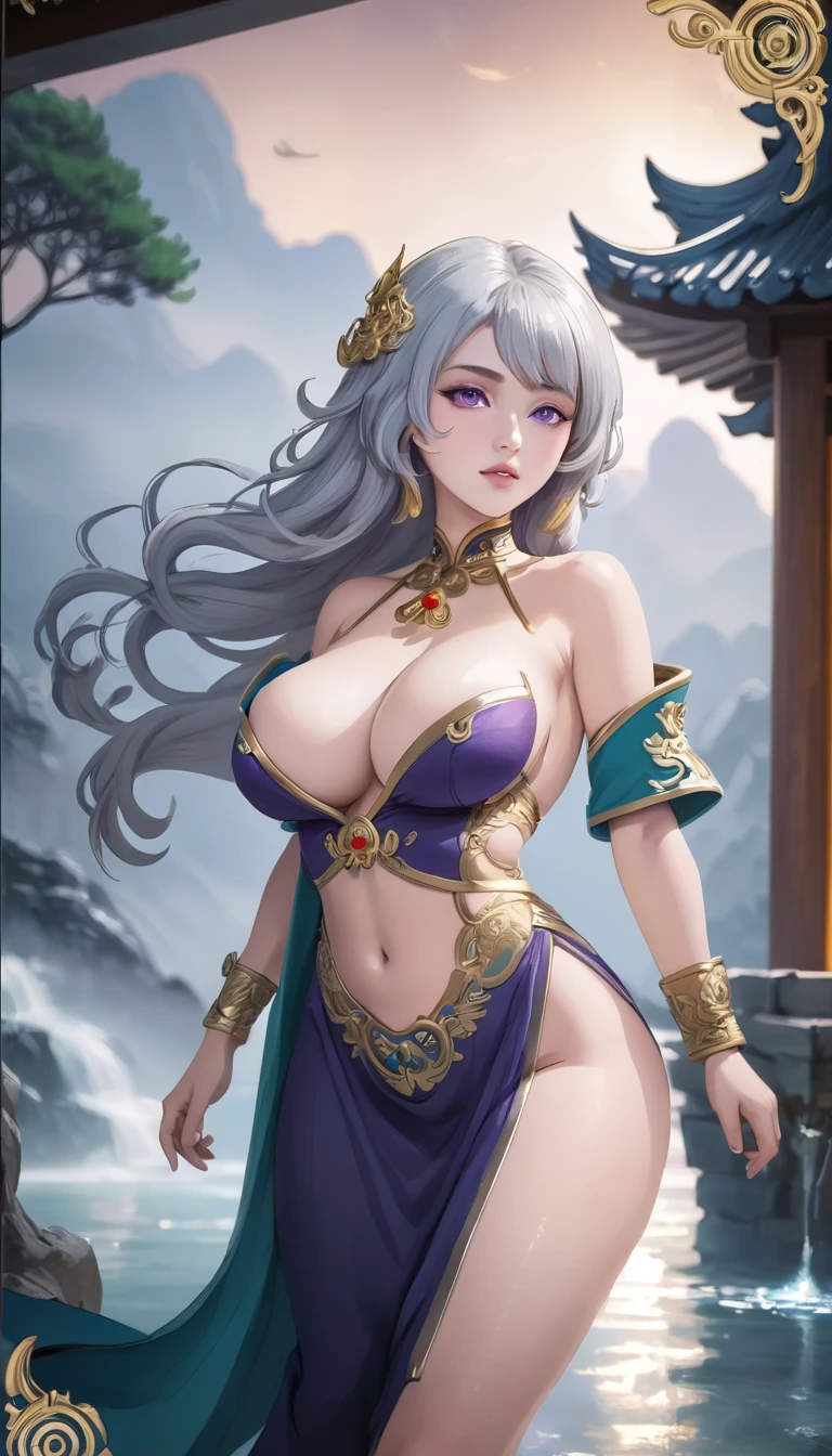 high quality,HD,16K,Sharp Line,1 Girl,fantasy, （Ice and Fire Goddess）,Pretty Face, Large Breasts, Beautiful legs,In the water,Focus Girl,detailed Pretty Face,Detailed clothes,beautiful eyes,Cool,Sexy,Dynamic Angle,穿着华服的神明Strike a pose拍照, Ancient mysterious sexy goddess, Traditional beauty woman, Beautiful female warrior god of war , Beautiful sexy goddess, Gorgeous role-playing, high, Beautiful young girl, Beautiful woman, 华丽Beautiful woman, Complex clothing,Chinese Mystical Aesthetics, Beautiful goddess ancient mysterious girl, Extremely detailed shot of the goddess, Jaw-dropping sexy beauty, Big breasts deep neckline sexy belly button（butt), (bedroom), (Sexy Girls), masterpiece, best quality, Bangs, blush, Chest, clavicle, Eyebrows visible through hair, (Ombre gold hair), Jewelry, Long hair,Bright Eyes, ring, (solitary), illustration, fashionable, miss, Strike a pose, background, element, confident, Express, Accessories, majestic, striking, key point, Dynamic poses, ((plump)), (purple))Woman in transparent dress,Viewer,(((Full breasts, Keeley University))),Slim waist,(Navel exposed,Bare waist), Long hair, extreme detailed details, 详细的fantasy艺术, Stunning character art, Beautiful and exquisite character art, Beautiful transparent dress, Very detailed, Large Breasts，Chest，Golden ratio figure，Beautiful figure，Ultra wide-angle shooting，Full body shot拍摄，Body close-up，Full body shot，Wearing a pleated tulle skirt，柔和动漫illustration, 柔和的深色background，Fujifilm XT3 Clear focus, f 5.6, High Detail, Clear focus,(Wearing openwork clothing),, (Natural light), (Tempting)translucent, Good velvet quality, Compared, Divine Light,, Silver hair, 夜空background, Absolute Strength,Female Shinmei，穿着性感丝绸的Female Shinmei,，Large Breasts，Chest，Golden ratio figure，Beautiful figure，Ultra wide-angle shooting，Full body shot，Body close-up，Full body shot， Wearing a tulle dress, Model shooting style, Large Breasts，饱满Chest，Golden ratio figure，Beautiful figure，(Extremely detailed CG 8k wallpaper unit), The most beautiful artistic photos in the world, , 8K 超HD, ) ，Sexy姿态，Sexy表情，best quality,masterpiece,Ultra-high resolution,(Practical:1.4),original photo,Ultra-high resolution