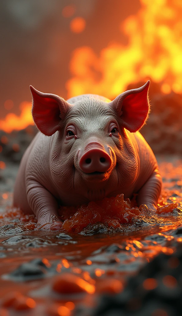 Pink rubber pig, with a cut open stomach from which the intestines fall out. Vomit flows from her mouth. 
Lying in the swamp. crying, Next is a sandwich with lard