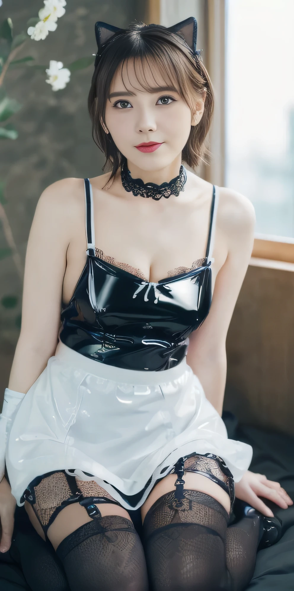 (8k, Original photo, Highest quality, masterpiece:1.2,),(((Detailed Background:1.2))),(((Slightly open the mouth))),Ultra-high resolution, (8k, Original photo, Highest quality, masterpiece),Ultra-high resolution,Highly detailed CG synthesis 8k wallpaper,Perfect Anatomy, bangs,(Shiny medium long hair:1.7、Beautiful brown hair),choker,(Hollow Eyes:1.４),Thin eyebrows,Beautiful Face,Clear skin,Erotic,(Big Breasts:1.5),Small Nose,Expressionless like a doll,(Luxury love hotel room:1.８,Adult atmosphere,Love bed,Sit on the bed,The night view can be seen from the window、Night time:1.4) ,(Showing cleavage:1.2),(Cinema Lighting),(((Latex maid outfit with black and white lace:1.8、With shoulder strap、Maid Apron、mini skirt、garter belt、Knee-high stockings、Cat ear accessories:1.4)),brainwashing, ((Expressionless,Emotional erasure,A helpless face,Hypnotic state,Blank look,Emotionless)),(Full Body Shot:1.7、Full Body Shot)、(Facing forward:1.４)、(Cute maids in Akihabara:1.2)