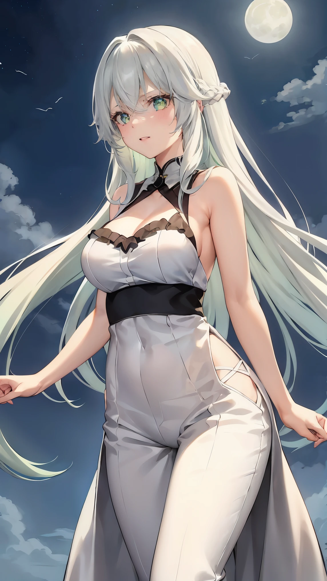 solo female,A long, flowing white one-piece dress,Sky blue hair that grew to her waist, black eyes,Wearing a straw hat,skinny body type