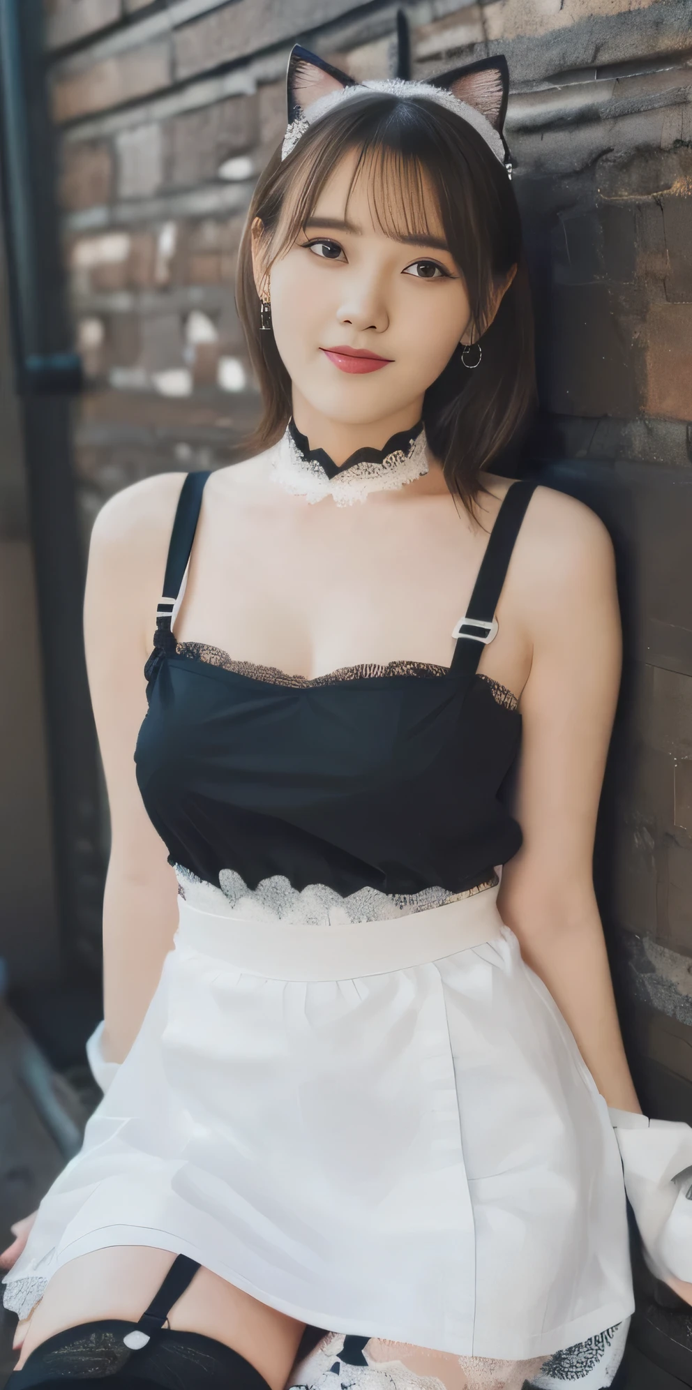 (8k, Original photo, Highest quality, masterpiece:1.2,),(((Detailed Background:1.2))),(((Slightly open the mouth))),Ultra-high resolution, (8k, Original photo, Highest quality, masterpiece),Ultra-high resolution,Highly detailed CG synthesis 8k wallpaper,Perfect Anatomy, bangs,(Shiny medium long hair:1.7、Beautiful brown hair),choker,(Hollow Eyes:1.4),Thin eyebrows,Beautiful Face,Clear skin,Erotic,(Big Breasts:1.5),Small Nose,Expressionless like a doll,(Luxury love hotel room:1.8,Adult atmosphere,Love bed,Sit on the bed:1.2,The night view can be seen from the window、Night time:1.4) ,(Showing cleavage:1.2),(Cinema Lighting),(((Black and white maid outfit with lace:1.8、With shoulder strap、Maid Apron、mini skirt、garter belt、Knee-high stockings、Cat ear accessories:1.4)),brainwashing, ((Expressionless,Emotional erasure,A helpless face,Hypnotic state,Blank look,Emotionless)),(Full Body Shot:1.7、Full Body Shot)、(Facing forward:1.4)、(Cute maids in Akihabara:1.2)