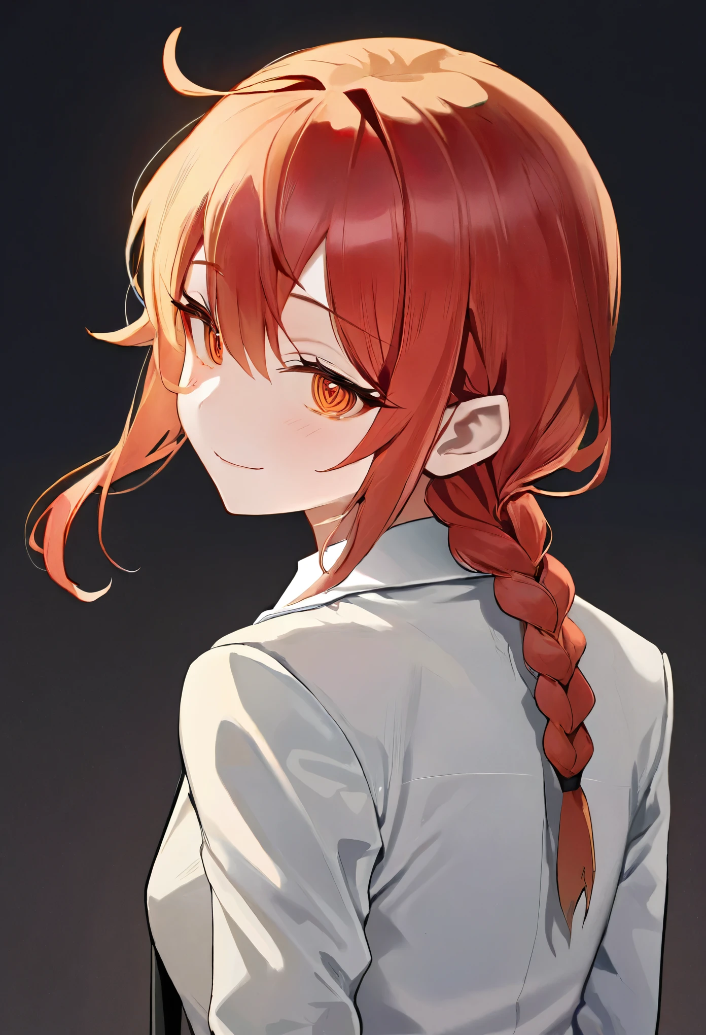 1 girl、Upper Body、Vermilion Hair、back braid、 One braid、White suit shirt、Black Necktie、Honey-colored eyes、Beautiful eyes with a gradation of vermilion and yellow、Delicate、Black and gray solid background、Dark Background、Devilish smile、Highest quality、Masterpiece、Perfect Face、Cute face、Grown-up、