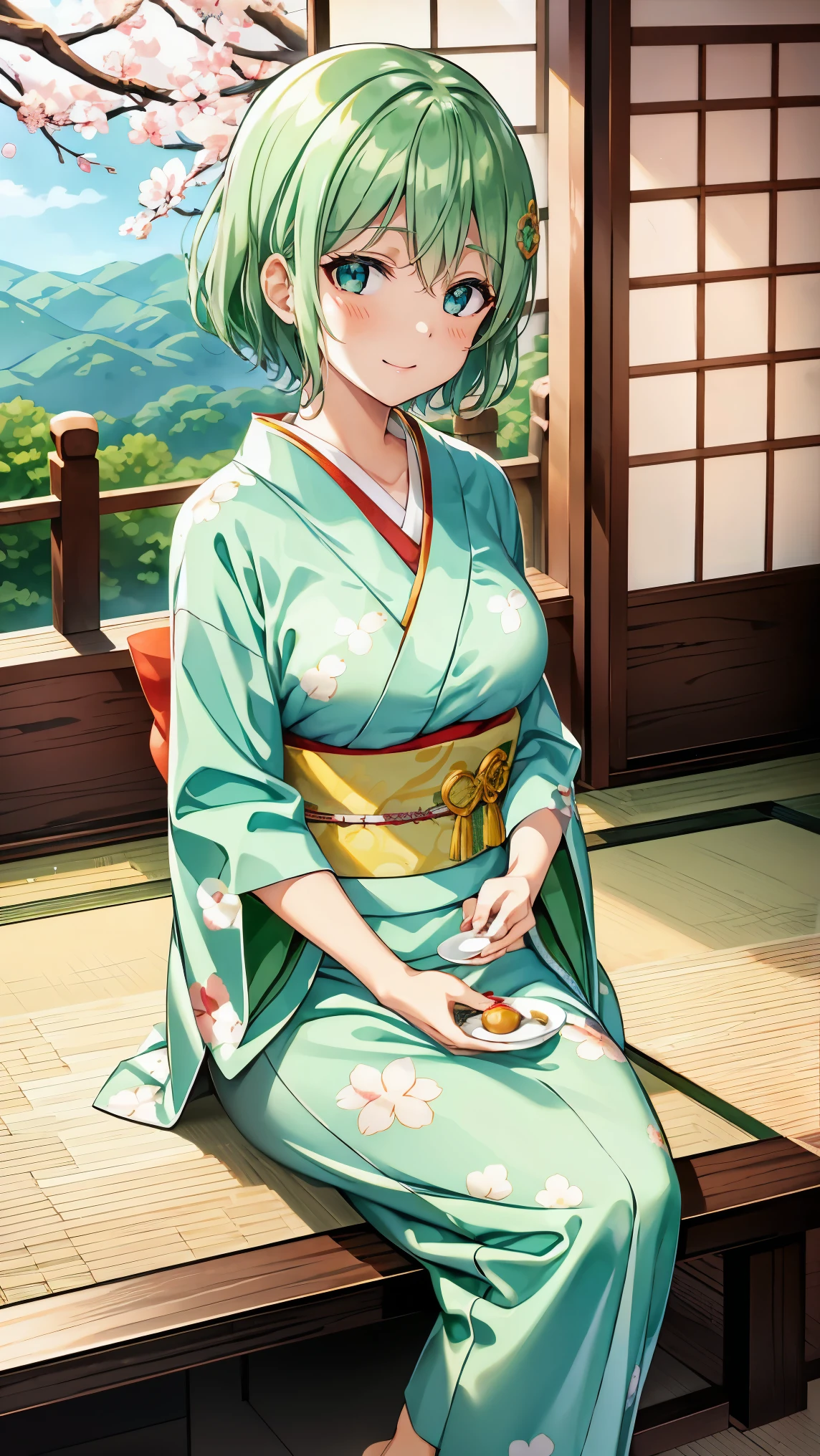 Short green hair, Small breasts, Green Eyes, White Casual Beauty Special、(((tits))),Full body photo from head to toe、Kimono、Patterned Japanese clothing、Cherry tree in full bloom、Fluttering petals、Tea Ceremony、Graceful Manners、Tea party、Chatting in a Japanese-style room