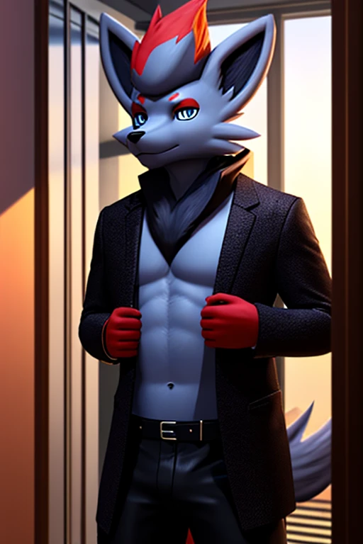 work of art, high qualiy, 4K, beautiful design, Ablaze, Furry, zorua, male, Waering a Blazer, showing the chest, extremely detaild, incredible, fine-details, hyperrealisti, 3d, octane rendering, standing alone, tecido Ablaze, posing in an apartment overlooking the sky, Black Embroidery, (by_KuroPenguinEX:1.3)