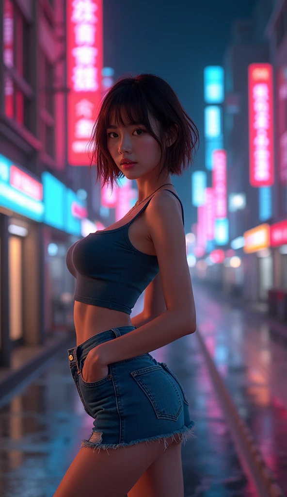 cute girl, japanese, topless, beautiful, street, city night, lights, stocking, short bob hair