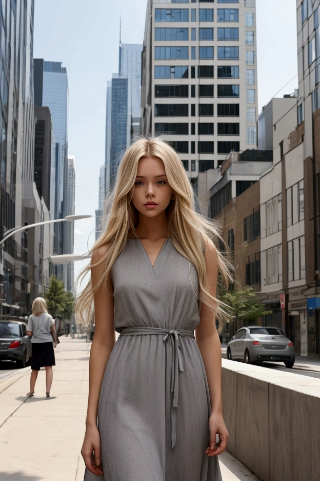 A 2 female model with straight blonde hair, standing in an urban setting. She is wearing a loose, plain gray dress with no texture. The city background includes tall buildings, sidewalks, and a modern urban environment. The model is standing confidently, with a relaxed and casual posture, while her dress flows gently in the breeze. The lighting is natural, and the overall atmosphere of the scene feels lively and modern.