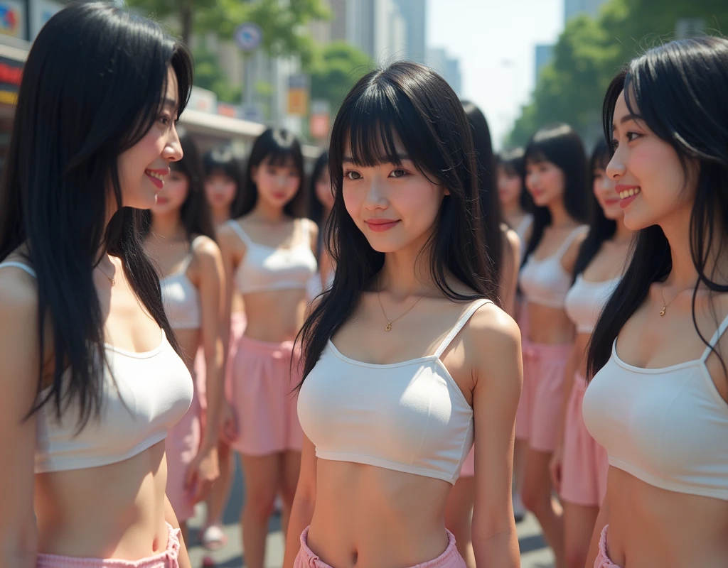 NSFW:1.2、top-quality、Masterpiece、8K、School train crowded with cute 17-year-old girls cramped so tightly that there are no gaps、hyperdetailed face、A detailed eye、huge-breasted、Naked Suspenders、pleatedskirt、Smile and chat with friends、All girls with wide open breasts、Random hair、Perspective with depth