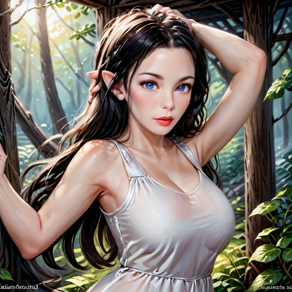 (masterpiece, Best Quality, 32K HDR, Ultra High Resolution, photos realistic), portrait painting of 1girl, (Ultra-realistic photos of Arwen:1.1, Realistic portrait of Liv Tyler:1.1, lord of the rings, elf, Black hair, sleeveless white dress:1.5, exposed armpits:1.55), Detailed skin, Fantasy atmosphere, (standing in abandoned hut:1.35, dark atmosphere:1.55), model shoot style, (extremely details CG), huge breasts, undersized dress, sideboob, bursting breasts