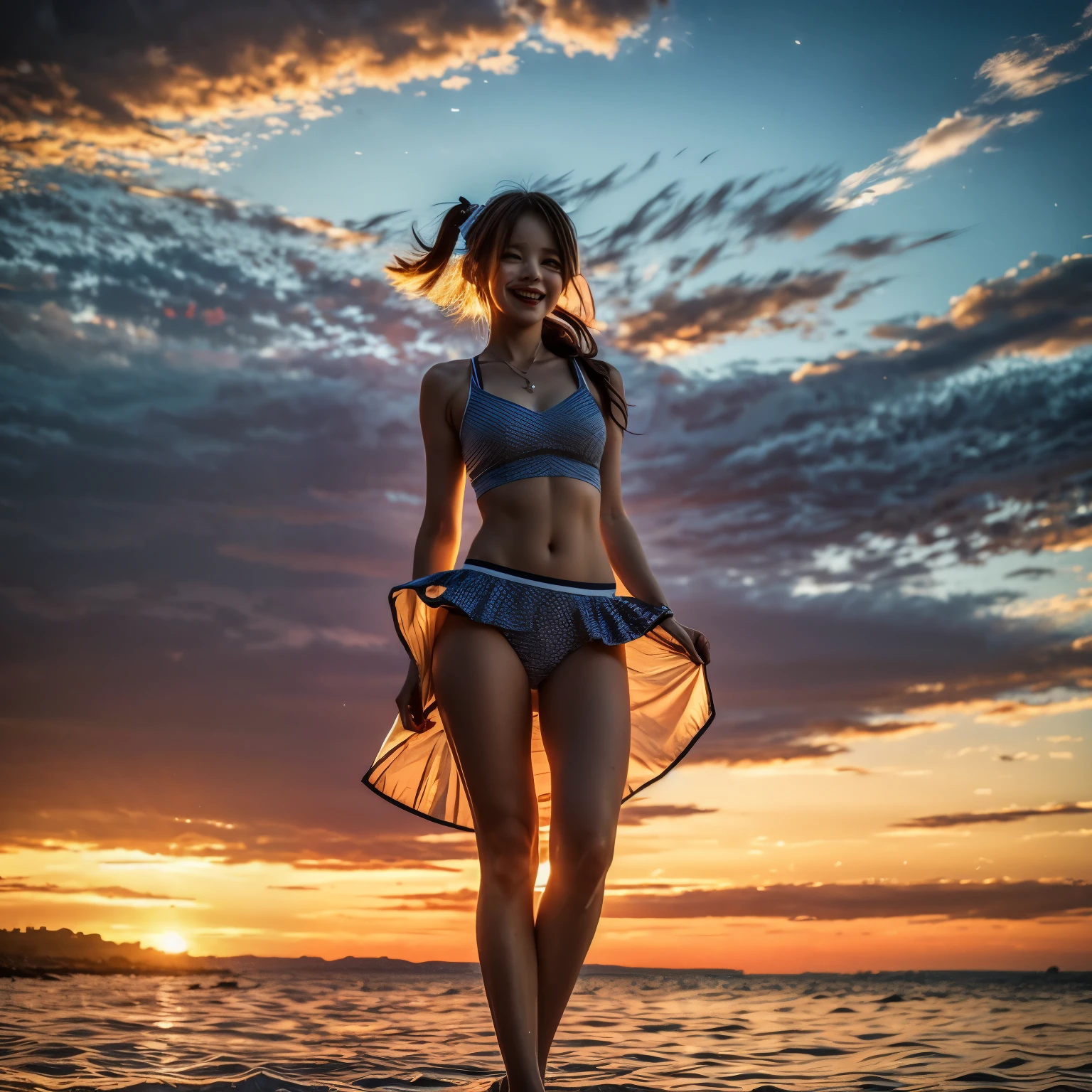 Ass, gals, (shiny oiled skin:1.2), on summer beach, Sunset, the golden hour, splash water, Colorful water droplets,  Multicolored clouds, Beautiful water surface shine, Big waves, sony a7, Film grain, Cinematic lighting, Photorealistic, 32K, diffuse reflection, colorful shiny particles, Lens Flare, Soft lighting