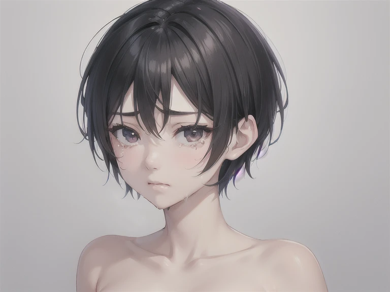 nude、Half naked、slender,boyish,Married women,mother、Sad face、Crying face、Black Hair、whole body,Portraits,short hair,Very short hair,frontview,
