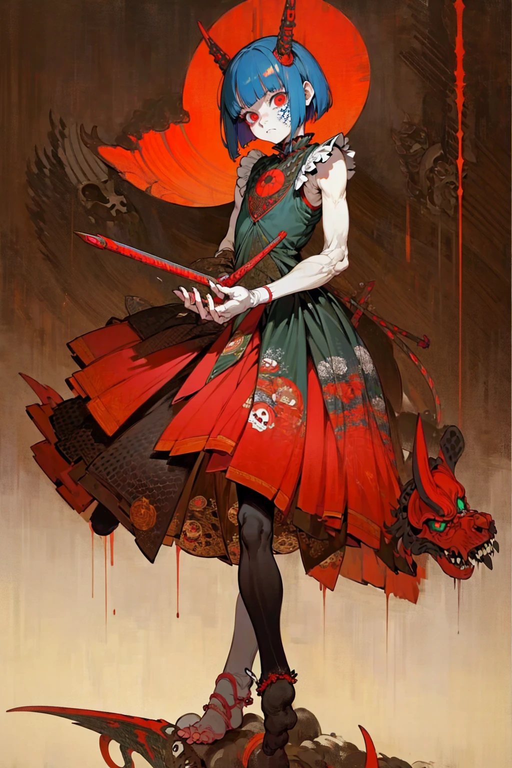 (masterpiece), (High resolution), (Full body portrait), （cyber punk）、Red bowl cut、Sleeveless skull print dress、 Dark atmosphere, Flat Illustration, Creepy Appearance, A Little Nightmare, creative accessories, Unique atmosphere,Crazy Clown
