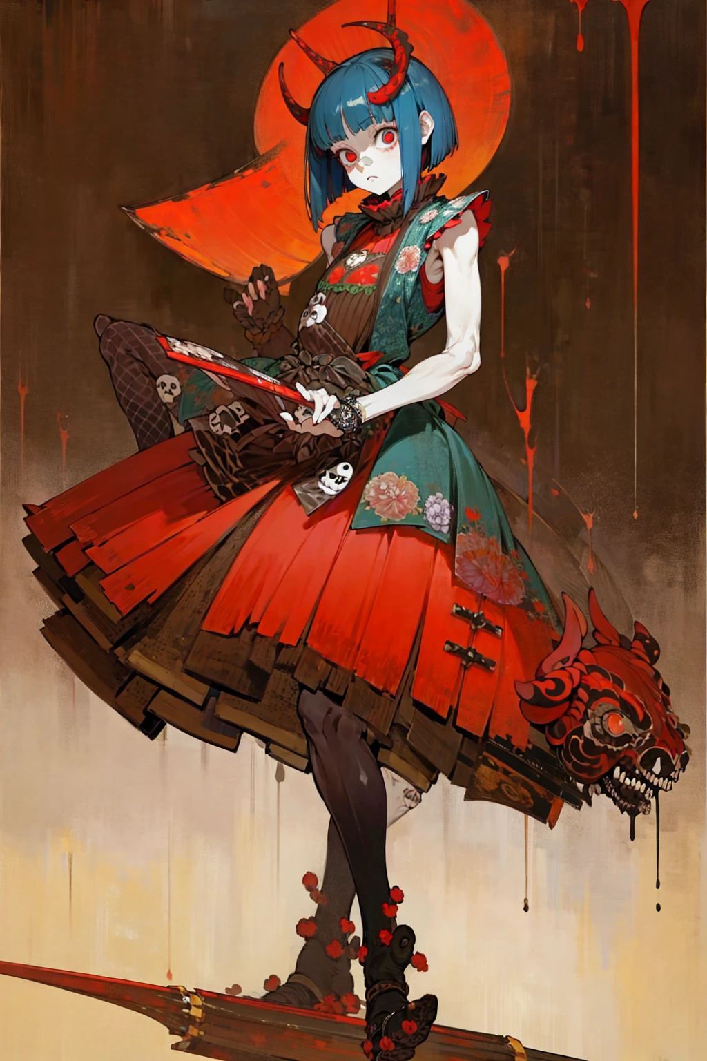 (masterpiece), (High resolution), (Full body portrait), （cyber punk）、Red bowl cut、Sleeveless skull print dress、 Dark atmosphere, Flat Illustration, Creepy Appearance, A Little Nightmare, creative accessories, Unique atmosphere,Crazy Clown
