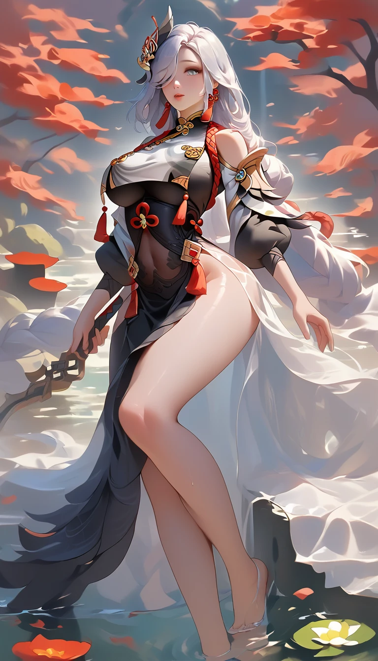 high quality,HD,16K,Sharp Line,1 Girl,fantasy, （Ice and Fire Goddess）,Pretty Face, Large Breasts, Beautiful legs,In the water,Focus Girl,detailed Pretty Face,Detailed clothes,beautiful eyes,Cool,Sexy,Dynamic Angle,穿着华服的神明Strike a pose拍照, Ancient mysterious sexy goddess, Traditional beauty woman, Beautiful female warrior god of war , Beautiful sexy goddess, Gorgeous role-playing, high, Beautiful young girl, Beautiful woman, 华丽Beautiful woman, Complex clothing,Chinese Mystical Aesthetics, Beautiful goddess ancient mysterious girl, Extremely detailed shot of the goddess, Jaw-dropping sexy beauty, Big breasts deep neckline sexy belly button（butt), (bedroom), (Sexy Girls), masterpiece, best quality, Bangs, blush, Chest, clavicle, Eyebrows visible through hair, (Ombre gold hair), Jewelry, Long hair,Bright Eyes, ring, (solitary), illustration, fashionable, miss, Strike a pose, background, element, confident, Express, Accessories, majestic, striking, key point, Dynamic poses, ((plump)), (purple))Woman in transparent dress,Viewer,(((Full breasts, Keeley University))),Slim waist,(Navel exposed,Bare waist), Long hair, extreme detailed details, 详细的fantasy艺术, Stunning character art, Beautiful and exquisite character art, Beautiful transparent dress, Very detailed, Large Breasts，Chest，Golden ratio figure，Beautiful figure，Ultra wide-angle shooting，Full body shot拍摄，Body close-up，Full body shot，Wearing a pleated tulle skirt，柔和动漫illustration, 柔和的深色background，Fujifilm XT3 Clear focus, f 5.6, High Detail, Clear focus,(Wearing openwork clothing),, (Natural light), (Tempting)translucent, Good velvet quality, Compared, Divine Light,, Silver hair, 夜空background, Absolute Strength,Female Shinmei，穿着性感丝绸的Female Shinmei,，Large Breasts，Chest，Golden ratio figure，Beautiful figure，Ultra wide-angle shooting，Full body shot，Body close-up，Full body shot， Wearing a tulle dress, Model shooting style, Large Breasts，饱满Chest，Golden ratio figure，Beautiful figure，(Extremely detailed CG 8k wallpaper unit), The most beautiful artistic photos in the world, , 8K 超HD, ) ，Sexy姿态，Sexy表情，best quality,masterpiece,Ultra-high resolution,(Practical:1.4),original photo,Ultra-high resolution