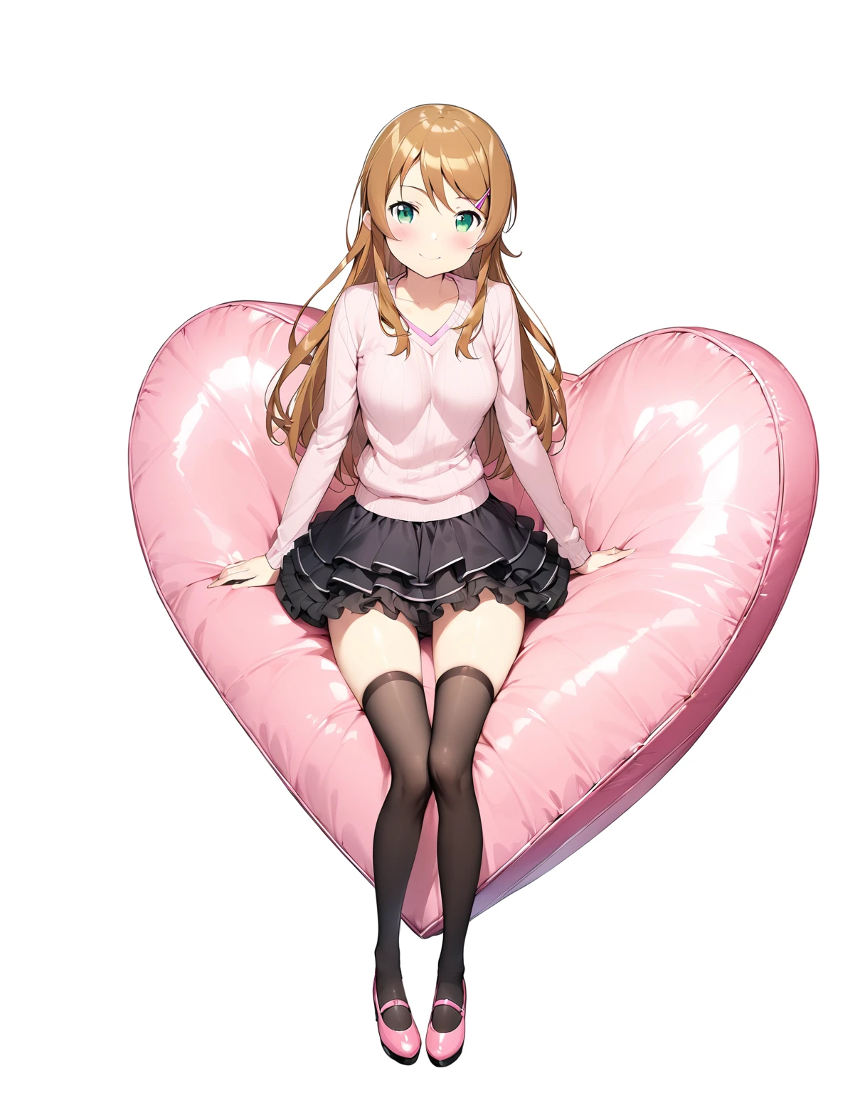 (masterpiece)、(Highest quality)、(High resolution)、(Very detailed)、(so beautiful:0.9)、(very cute:0.9)、(Brighten your face:0.3)、
Kirino Takasaka、
Long straight blonde hair、bangs、Hair Clip、
smile、Shyness、
Beautiful breasts、Round Breasts、round face、

Perfect Anatomy、Two perfect slim legs、Two perfect arms、Five perfect fingers、Big green eyes、(slender)、Tight waist、
Delicate and smooth skin、Beautiful Skin、Textured skin、Pink lipstick、
alone、whole body、

(A pink V-neck sweater that reveals the chest), (Layered black ruffle skirt)、
Black Stockings、Pink pumps、
casual、
Pink underwear、
Showing off、 

Sitting on a big heart-shaped chair、Legs slightly apart、

(独奏:1.5), 
(Full Body Shot:1.5), 
(from the front), 
(MediumWhite background:1.5), 