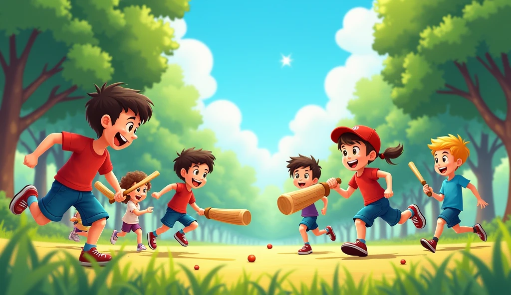 A 4 boys who loves to play cricket in a ground nature and blue sky