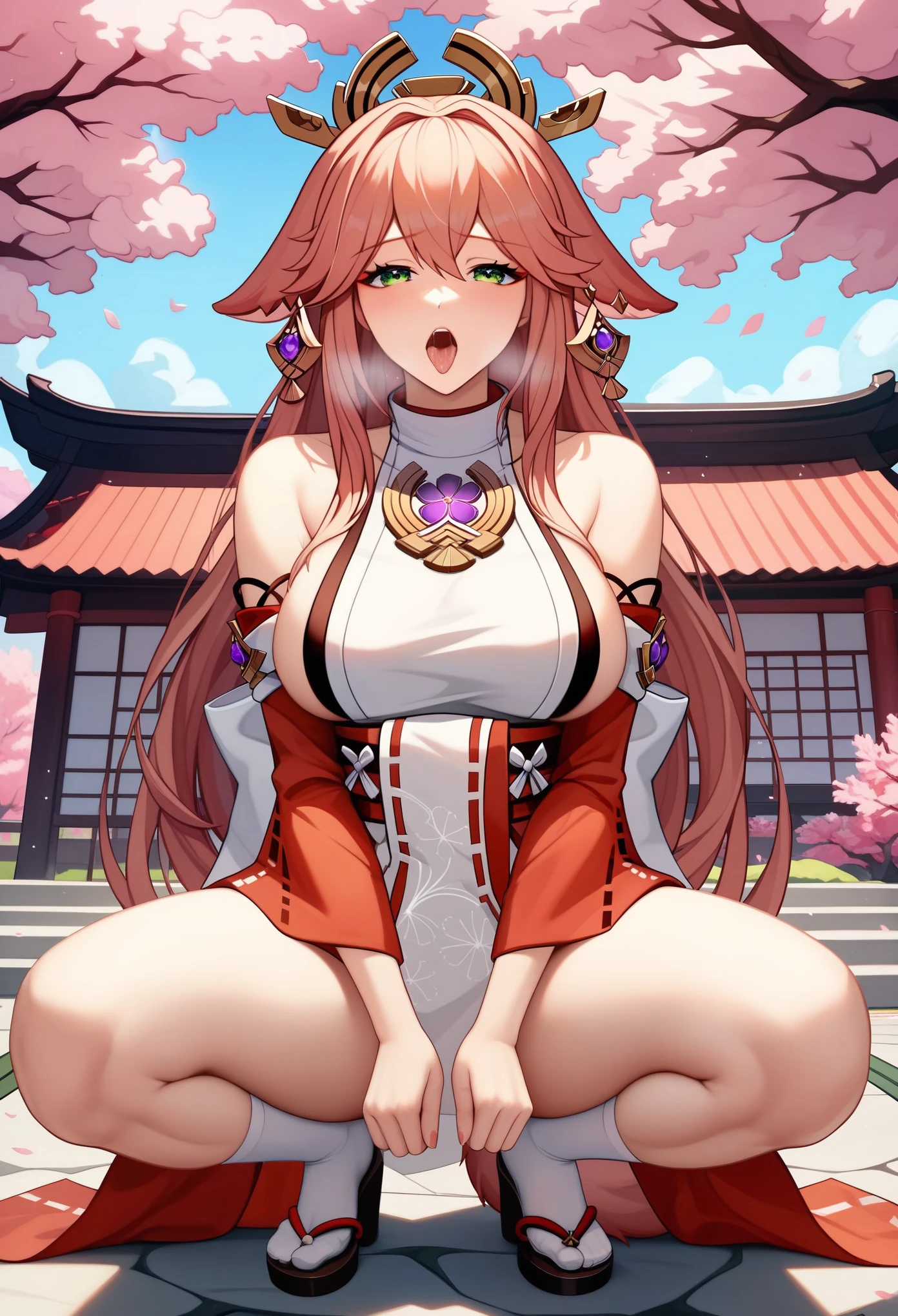 extremely detailed CG unity 8k wallpaper, masterpiece, best quality:1.2, highres, coral brown hair, emerald green eyes, extreme detail,solo,1girl,monika doki doki literature club, ,yae_miko_outfit genshin impact, fluffy_fox_tail, sexy open squatting pose, good hands, boob squeeze, ahegao face expression, photo, japanese shrine in the background.