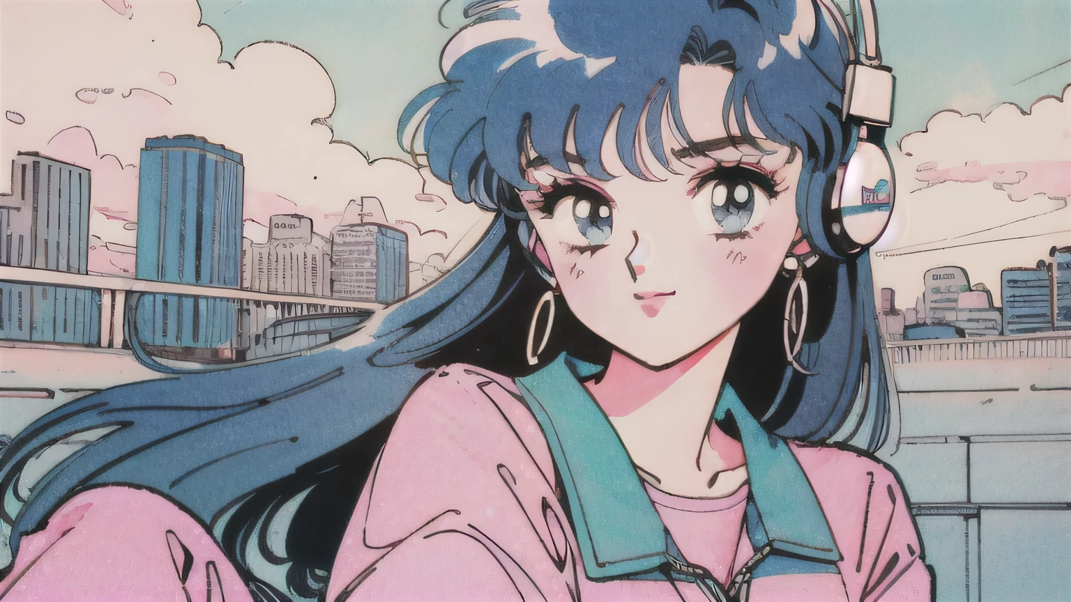 Observe every detail perfectly,(80's, retro, City Pop:1.5), (Album cover), (masterpiece, Highest quality), (アニメ, figure), (pastel colour:1.4), Best Photo Poses, Dynamic Angle,girl, alone, A perfect eye for detail, Delicate face, Tokyo, High Fashion, DJHeadphones,Headphones,Blue sky and clouds,Smiling girl、sit,Vivid background, watching front