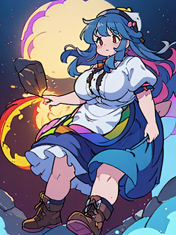 ((best quality, 4k, 8k, anime girl)), (((ssbbw))), (((ussbbw))), ((chubby)), (((immobile fat))), (side view), (((very tight clothes))), (((extremely detailed face))), beautiful eyes, stares at the viewer, red eyes, ((long blue hair)), cinematic lighting, (((hyper breasts))), (((gigantic breasts))), detailed background, cyberpunk, (skirt, shirt, hat, bow, white shirt, short sleeves, boots, frills, food, puffy sleeves, bowtie, apron, puffy short sleeves, blue skirt, black headwear, fruit, leaf, brown footwear, frilled skirt, cross-laced footwear, peach, (rainbow order:1.5)),