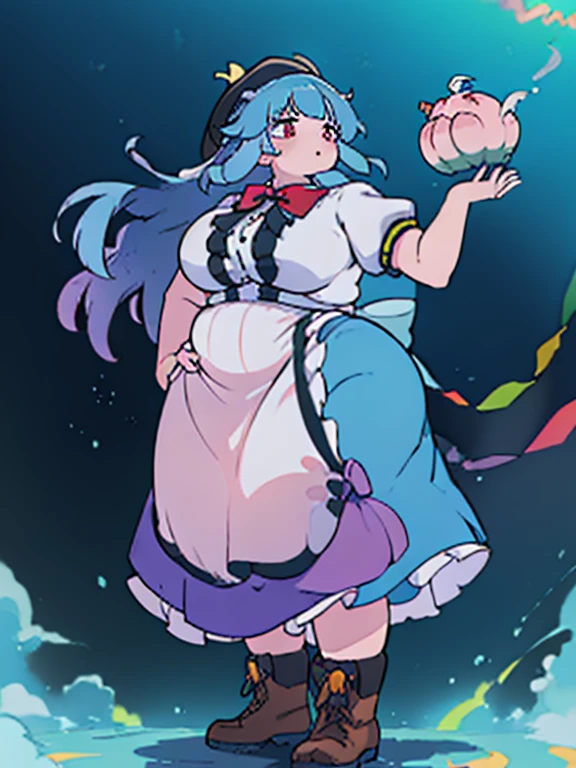 ((best quality, 4k, 8k, anime girl)), (((ssbbw))), (((ussbbw))), ((chubby)), (((immobile fat))), (side view), (((very tight clothes))), (((extremely detailed face))), beautiful eyes, stares at the viewer, red eyes, ((long blue hair)), cinematic lighting, (((hyper breasts))), (((gigantic breasts))), detailed background, cyberpunk, (skirt, shirt, hat, bow, white shirt, short sleeves, boots, frills, food, puffy sleeves, bowtie, apron, puffy short sleeves, blue skirt, black headwear, fruit, leaf, brown footwear, frilled skirt, cross-laced footwear, peach, (rainbow order:1.5)),