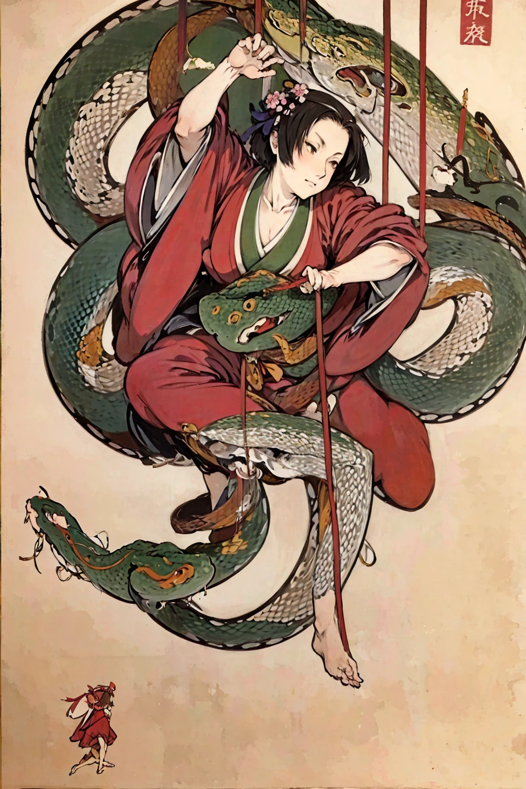 ((masterpiece)), ((High resolution)), ((Very delicate)), Japanese painting, Dynamic pose、Woman entangled by a giant snake
