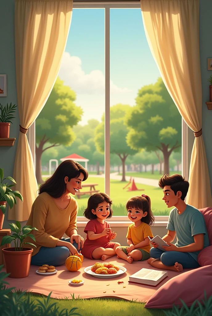 Disney Pixar Disney Pixar style cover with a group of 4 friends of the same age being 3 girls and a boy playing together in a nice room with light colors in warm tones with a large window. The first girl with white skin and short wavy light brown hair, Brown eyes con lentes, dressed in blue pants and a pastel emerald green sweater with black Vans sneakers. The second girl with slightly less white skin, long straight dark brown hair, Brown eyes con lentes, necklace with the letter M, dressed in blue pants, white top, black jacket and black converse sneakers. The third girl with light brown skin and light brown shoulder-length straight hair, Brown eyes, wearing beige pants, black top, white sweater with a small crown on the head and white sneakers. The tall boy with light brown skin and short wavy black hair, dark slanted Chinese eyes, olive green pants dress and beige sweatshirt with white sneakers.