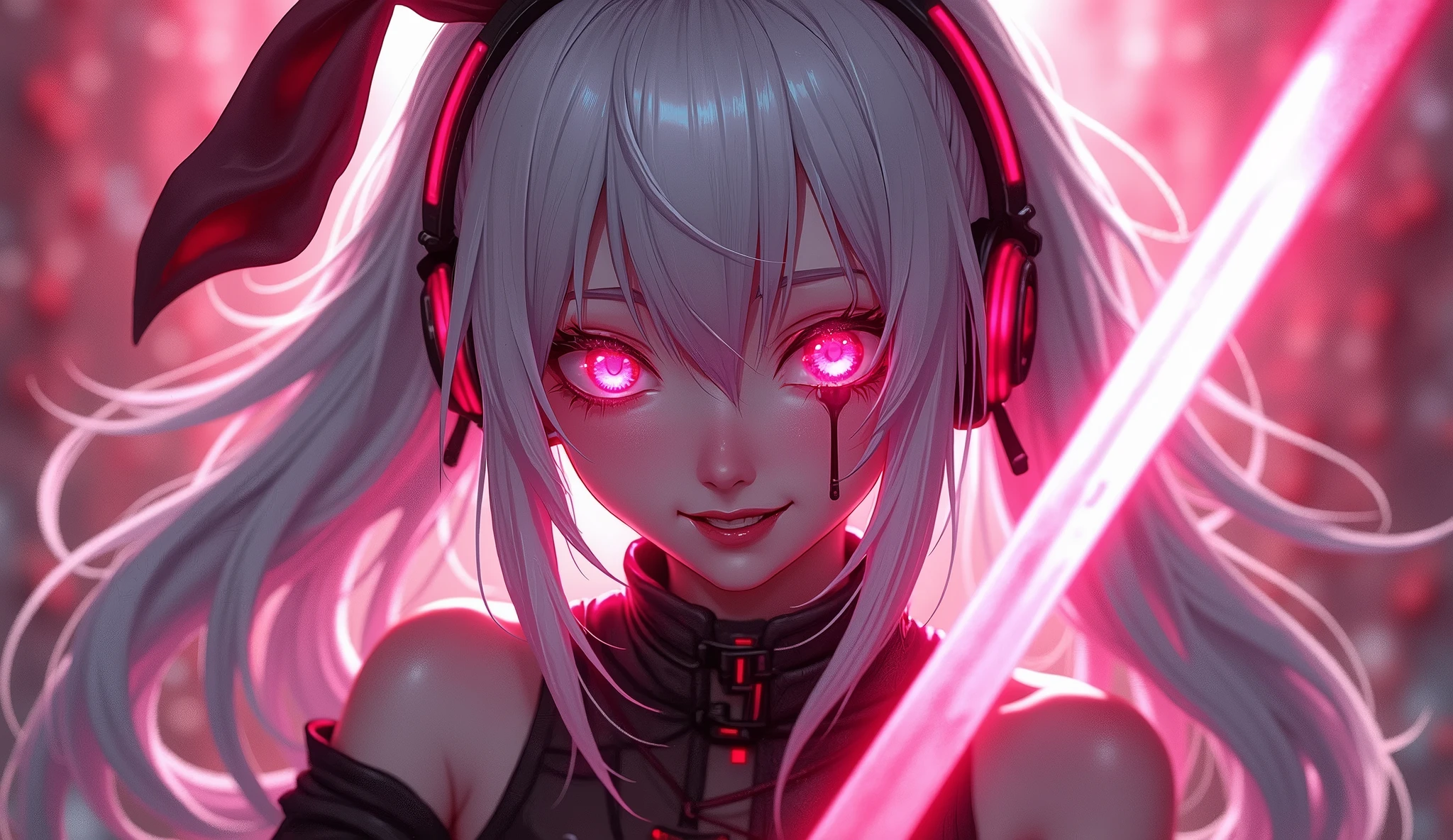 anime girl, white hair, white  ears, pink eyes, and pink fighting with a pink sword and angry all covered in blood maid outfit with huge busts, high quality, (RAW photo, best quality), (realistic, photorealistic: 1.4), (extremely delicate and beautiful: 1.4), amazing, fine details, masterpiece, ultra detailed, high resolution, best illustration, best shadow, intricate, ( extremely intricate: 1.2), (exquisitely detailed skin), cinematic light, perfect , (cool color: 1.4), sharp focus, 8K  UHD, dslr, (Fujifilm XT3),Epic Fantasy Art Style HD, 4K fantasy art, epic fantasy digital art style, epic fantasy art style, Fantasy Woman, epic fantasy art portrait, Epic fantasy style, hyperrealistic fantasy art, hd fantasy art, Epic fantasy character art, epic fantasy art, in style of dark fantasy art, epic fantasy digital art, dj, dj booth, dancing to music, nightclub, dj, dj booth, dancing to music, nightclub, (Red eyes with a strong white light emitting from within:1.5)Headphones
  