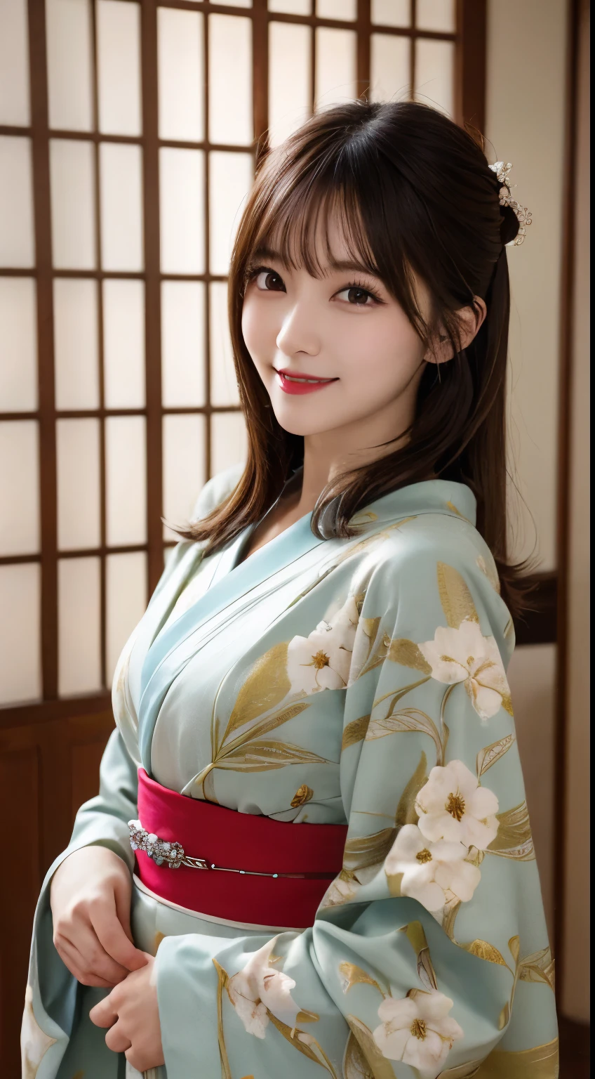 (highest quality:1.5)、(Real:1.5)、(1 person:1.5)、Medium Shot、(Very detailed)、(High resolution)、8k、Small breasts、Natural color lip、Cute smile、Japanese women、20 year old girl、Thin eyebrows、Beautiful and elegant face、Cute face、Cute eyes、Big eyes、Big Eyes、Fair skin、Beautiful and elegant face、Natural Bangs、Beautiful and thin nose、 Beautiful Skin、Medium Bob Hair、Natural Bangs、Perfect and beautiful facial features、Slim face and figure、（Looking at the camera with a cute expression）、（Bright lighting）、Professional Lighting、（Lighting from the front）、Adorable smile、cute、Beautiful cleavage、Simple Background、Japanese-style room、Beautiful clavicle、Graceful pose、Kimono with long-sleeved kimono、Cutekimono with long-sleeved kimono、(cutekimono)、(cutekimono)、Beautiful clavicle、Upper Body、Beautiful cleavage、Beautiful Japanese pattern kimono、Cute Japanese pattern obi、kimono、(Large Breasts:1.3), (Slim Body:1.3),