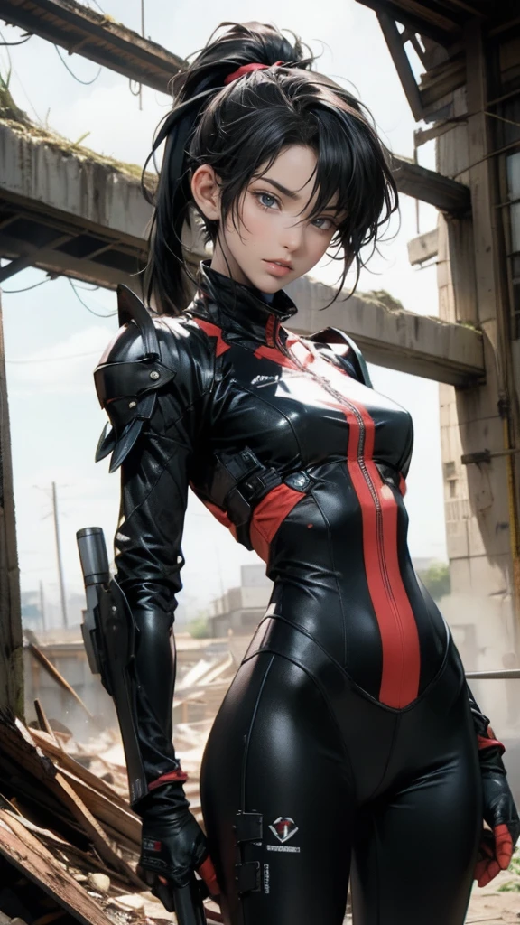 Highest quality、8k、masterpiece、Ultra-high resolution、Photorealistic、Realistic、Telephoto compression effect、1Girl、Dark Eyes、High school girls、no makeup、Delicate eyes、Kind eyes、Double eyelids、smile、side up、Black Hair、Small breasts、Black protective suit,SteeleBODY Armor,Heavy Armor,long ponytail,battlefield、ruins、Aiming with an anti-material rifle、