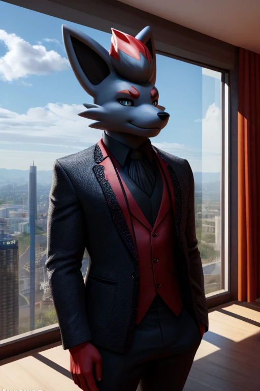 work of art, high qualiy, 4K, beautiful design, Ablaze, Furry, zorua, male, Waering a Blazer, Showing extremely detailed chest, incredible, fine-details, hyperrealisti, 3d, octane rendering, standing alone, tecido Ablaze, posing in an apartment overlooking the sky, Black Embroidery, (by_KuroPenguinEX:1.3)