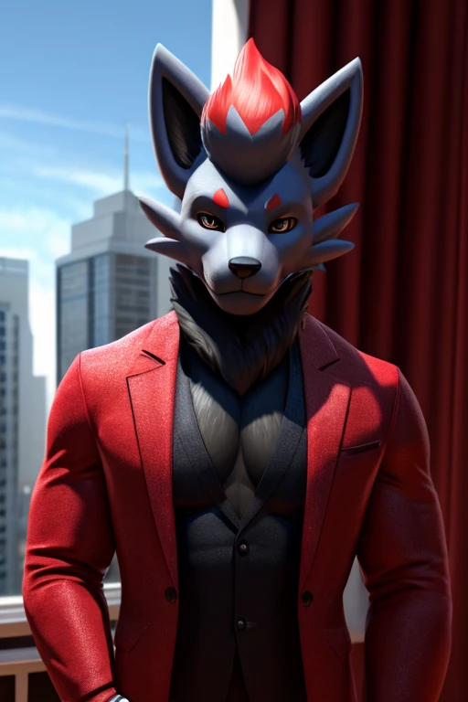 work of art, high qualiy, 4K, beautiful design, Ablaze, Furry, zorua, male, Waering a Blazer, Showing extremely detailed chest, incredible, fine-details, hyperrealisti, 3d, octane rendering, standing alone, tecido Ablaze, posing in an apartment overlooking the sky, Black Embroidery, (by_KuroPenguinEX:1.3)