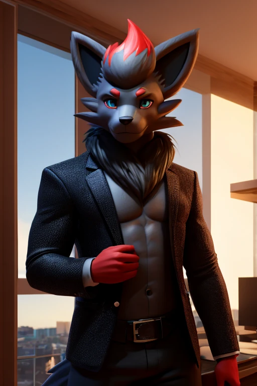 work of art, high qualiy, 4K, beautiful design, Ablaze, Furry, zorua, male, Waering a Blazer, Showing extremely detailed chest, incredible, fine-details, hyperrealisti, 3d, octane rendering, standing alone, tecido Ablaze, posing in an apartment overlooking the sky, Black Embroidery, (by_KuroPenguinEX:1.3)