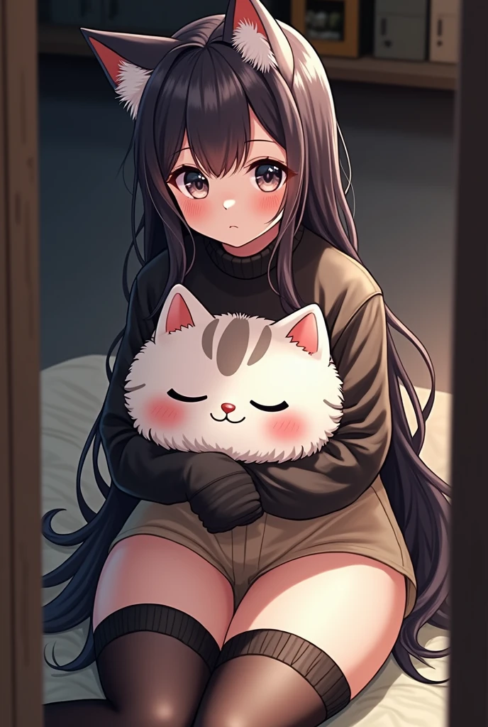 By bebebebebe, by spuydjeks, by buta99, by spikedmauler. a cute human neko girl with cat ears, thicc, cutie, wearing a virgin killer pink sweater, wearing thigh high black stockings, thighs, solo, alone, thicc, (SOLO)(ALONE) has wavy curly hair, kawaii, portrait, multi colored black hair, wearing micro shorts, relaxing on couch, mommy vibes, , small , relaxing, realistic shadows, perfect masterpiece, surrounded by plushies