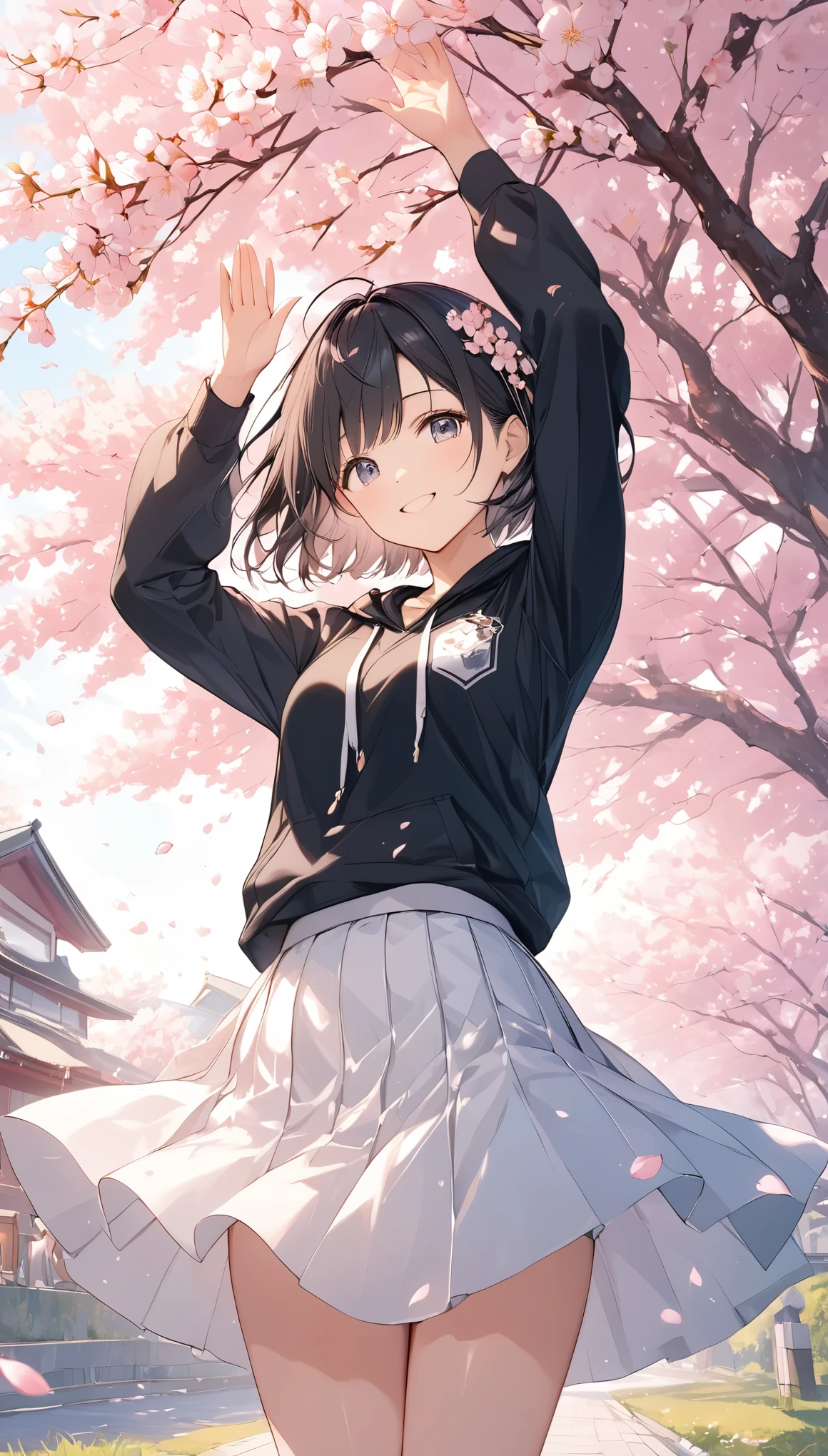 anime、((Amazingly absurd)),(masterpiece:1.2),超High resolution, Attention to detail, high quality, High resolution, 最high quality, 4K, 8k、short hair、Black Hair、Black hoodie、White Skirt、Cherry tree in full bloom、Cherry blossom trees、Raise both hands slightly with palms facing up、look up and smile、cute、The wind blows and the cherry blossom petals dance、Beautiful work、Ephemeral and sad colors